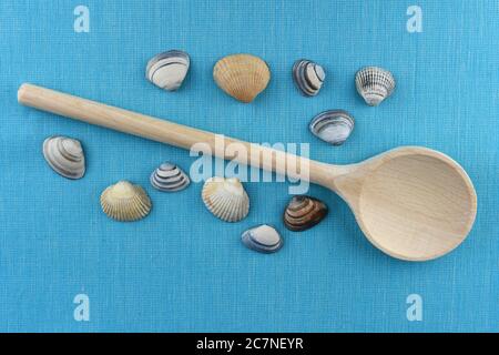 High angle top view closeup shot of a wooden spoon  with seashells on a blue tablecloth Stock Photo