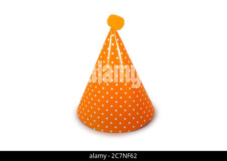 An Orange Birthday Hat with White Polka-Dots on a Pure White Background Stock Photo