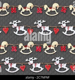Seamless texture of Christmas garlands made of plywood painted in white and red colors and gray diamond pattern as a background. Stock Photo