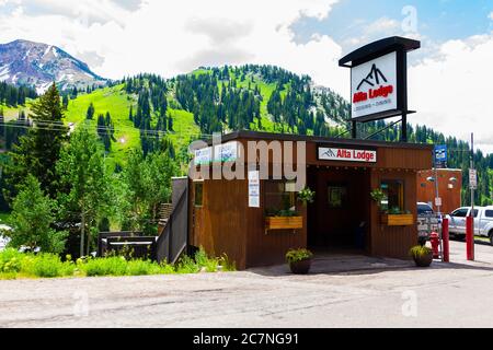 Alta, USA - July 25, 2019: Exterior facade of lodge hotel lodging dining restaurant architecture building in Albion Basin, Utah summer in Wasatch moun Stock Photo