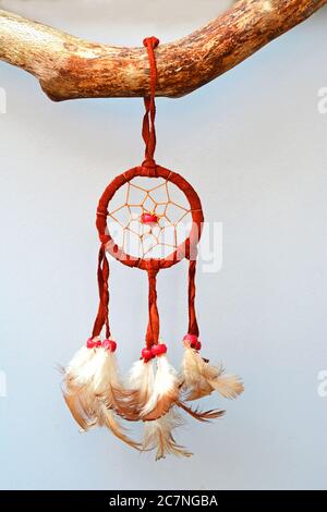 Isolated vertical shot of dream catcher hanging from a tree branch in front of a white background Stock Photo