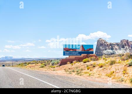 Page, USA - August 5, 2019: Glen Canyon National Recreation area entrance sign welcome on road in Utah near Arizona in summer with blue sky Stock Photo