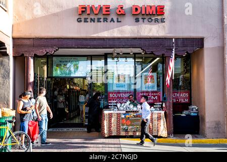 Santa Fe, USA - June 14, 2019: Shop store sign for five and dime on old town street in United States New Mexico city with adobe style architecture Stock Photo