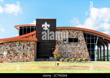 Mount Hope, USA - October 17, 2019: West Virginia welcome center entrance sign for J.W. And Hazel Ruby Boy Scouts of America modern building architect Stock Photo