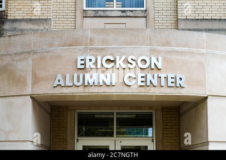 Charleston, USA - October 17, 2019: University campus in West Virginia capital city with closeup exterior sign of Erickson Alumni center entrance Stock Photo