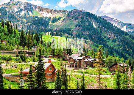 Alta, USA - July 25, 2019: Cityscape townscape view of small ski resort town village in Albion Basin, Utah in summer and Little Cottonwood Canyon Stock Photo