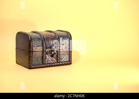 Antique wooden trunk lined with leather Stock Photo