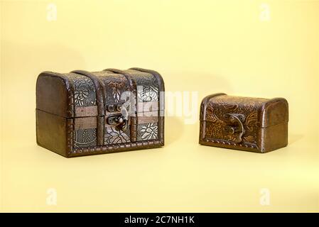 Antique wooden trunk lined with leather Stock Photo
