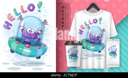 Hello alien poster and merchandising. Stock Vector