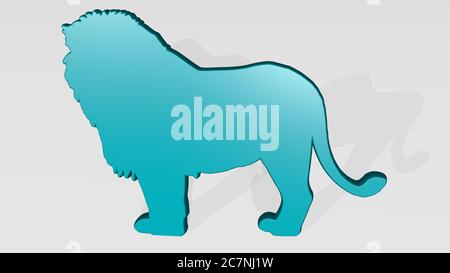 LION from a perspective with the shadow. A thick sculpture made of metallic materials of 3D rendering. illustration and animal Stock Photo