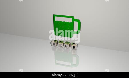 3D illustration of BEER graphics and text made by metallic dice letters for the related meanings of the concept and presentations. alcohol and background Stock Photo