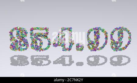 £54. written in 3D illustration by colorful small objects casting shadow on a white background Stock Photo