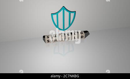 3D graphical image of shield vertically along with text built by metallic cubic letters from the top perspective, excellent for the concept presentation and slideshows. illustration and icon Stock Photo