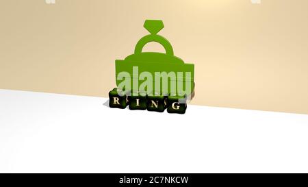 3D representation of ring with icon on the wall and text arranged by metallic cubic letters on a mirror floor for concept meaning and slideshow presentation. background and illustration Stock Photo