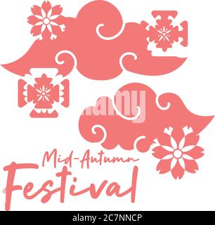 mid autumn festival card with clouds and flowers line style icon vector illustration design Stock Vector