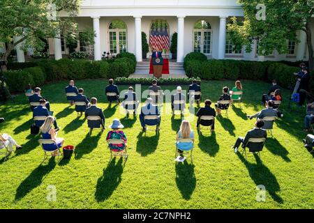 Washington, United States Of America. 14th July, 2020. President Donald J. Trump delivers remarks during a press conference Tuesday, July 14, 2020, in the Rose Garden of the White House People: President Donald Trump Credit: Storms Media Group/Alamy Live News Stock Photo