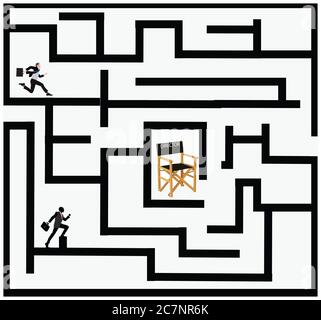 Illustration of businessmen running in a maze to reach a director chair Stock Photo