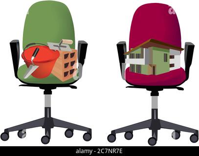 Illustration of office chairs with construction tools and a house model Stock Photo