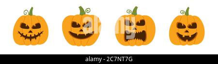 Happy, funny, cute and scary halloween pumpkin set. Holidays cartoon character collection. Vector illustration in flat style. Stock Vector