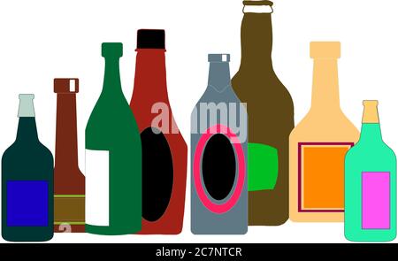 Illustration of different kinds of wine bottles without labels isolated on a white background Stock Photo