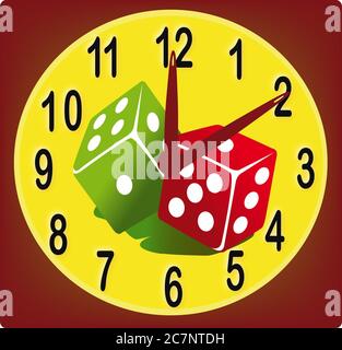 Illustration of the clock and dices isolated on a red background Stock Photo