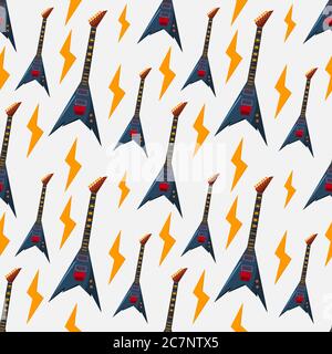 electric guitar rock  with thunder seamless pattern vector illustration background Stock Vector