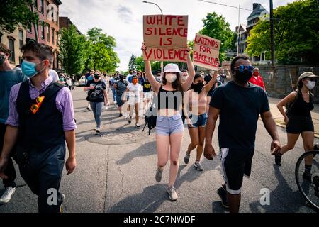 ALBANY, NEW YORK, UNITED STATES - Jun 04, 2020: Black Lives Matter protesters in front of New York Governor Andrew Cuomo's official residence in Alban Stock Photo