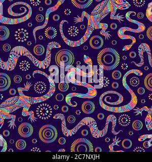 Bright lizards and snakes seamless pattern, isolated on dark purple background. Stock Vector