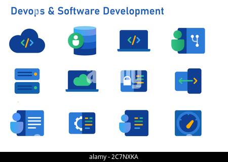 devops software development icon set coding programming cloud computing server repository Stock Vector