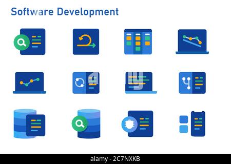 agile methodology software development icon set collection of code programming using sprint kanban board and burn down chart Stock Vector