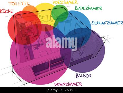 Perspective cut away diagram of a one bedroom apartment completely furnished with circular zone bubbles and hand drawn notes in specific language Stock Vector