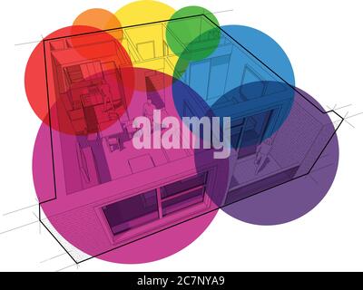 Perspective cut away diagram of a one bedroom apartment completely furnished with circular colorful zone bubbles Stock Vector