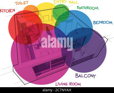 Perspective cut away diagram of a one bedroom apartment completely furnished with circular zone bubbles and hand drawn notes in specific language Stock Vector