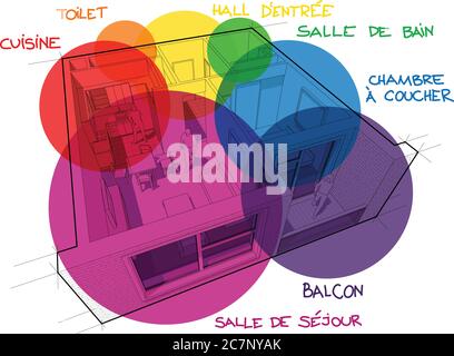 Perspective cut away diagram of a one bedroom apartment completely furnished with circular zone bubbles and hand drawn notes in specific language Stock Vector