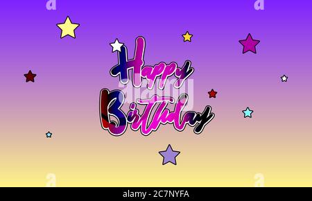 Colourful decorative Happy birthday design with galaxy color texture on a text and colorful stars on a purple yellow gradient background. Stock Photo