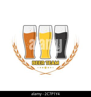 Three beer mugs with the words BEER TEAM and a spike for stickers, banners, logos, stickers and theme design. Color simple vector illustration isolate Stock Vector