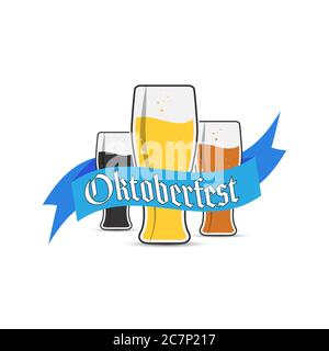 Three beer mugs with Oktoberfest lettering for stickers, banners, logos, stickers and theme design. Color simple vector illustration isolated on a whi Stock Vector