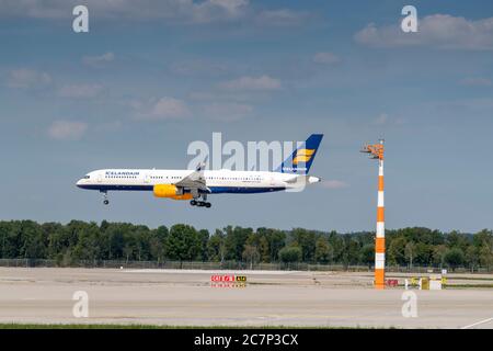 Munich, Germany - September 03. 2019 : Icelandair Boeing 757-223  with the aircraft registration TF-ISY  in the approach to the northern runway  of th