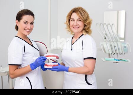 portrait of two female dentists posing in modern dental clinic Stock Photo