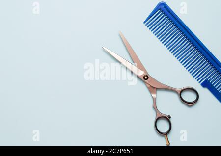 Professional stainless scissors and blue plastic hair comb on pastel light blue background. Hairdressing tool kit Stock Photo