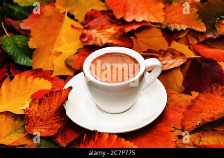 Autumn composition. Cup of coffee on colorful autumn leaves. Creative autumn thanksgiving, fall, halloween concept Stock Photo