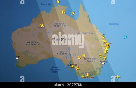 air traffic over Australia (19 july, UTC 20.46)  on Internet with Flightradar 24 site, during the Coronavirus Pandemic Stock Photo