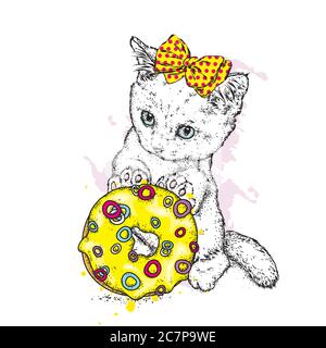 A small cute kitten holds a large multi-colored donut. Vector illustration. A pet. Cat. Stock Vector