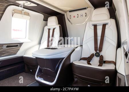 LE BOURGET PARIS - JUN 21, 2019: Interior view of VIP seats in a Kazan Ansat helicopter at the Paris Air Show. Stock Photo