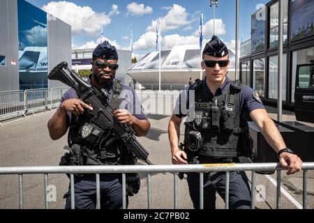 PARIS, FRANCE - JUN 21, 2019: Armed French National Police on guard at the Paris Air Show. Stock Photo