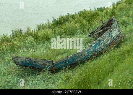 Old wrecked rowing boat on the grass next to the River Great Ouse in Kings Lynn, Norfolk, UK. Stock Photo