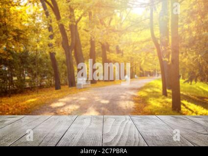 Old wooden table top with leaves falling in forest, autumn background Stock Photo