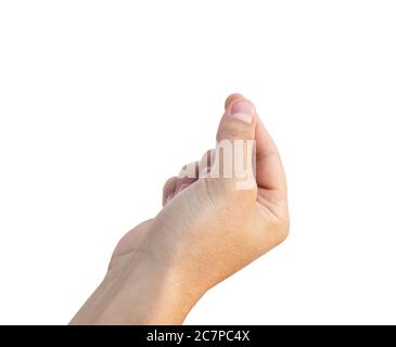 Male hand holding virtual white business card or credit card on a white background Stock Photo