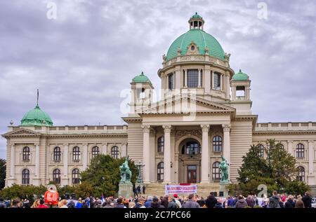 Belgrade / Serbia - March 1, 2020: Protest of Serbian army war veterans in front of the National Assembly of the Republic of Serbia in Belgrade Stock Photo