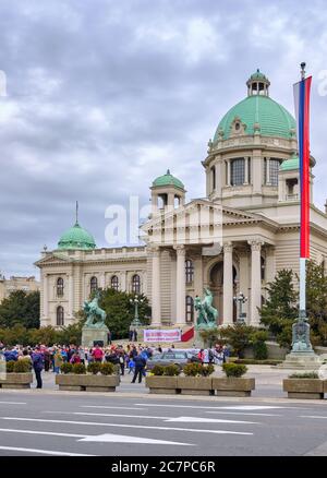 Belgrade / Serbia - March 1, 2020: Protest of Serbian army war veterans in front of the National Assembly of the Republic of Serbia in Belgrade Stock Photo